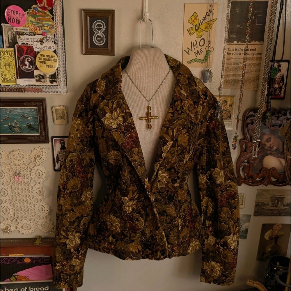 Vintage Corduroy Floral Blazer Women's 14 Large Brown
